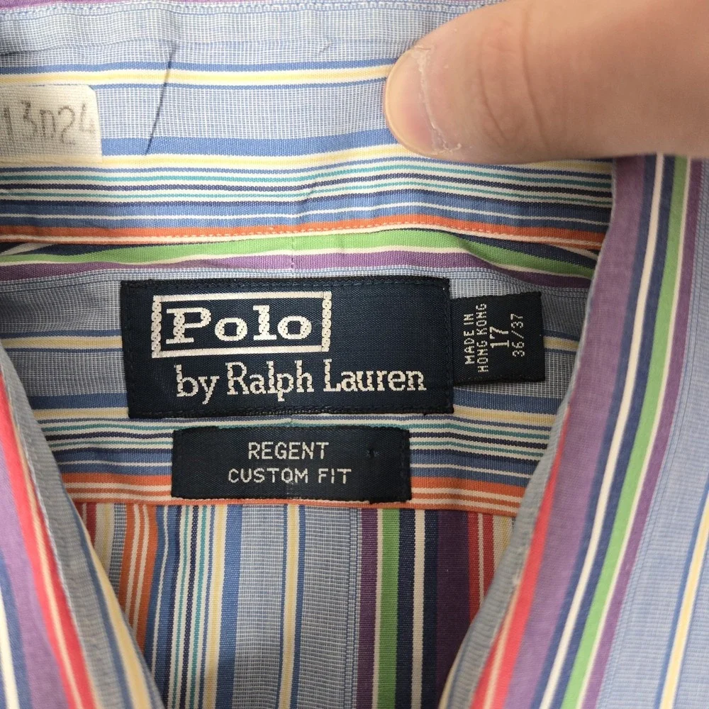 Polo Ralph Lauren Shirt Mens 17 36-37 Regent Custom Fit Blue Striped 100% Cotton